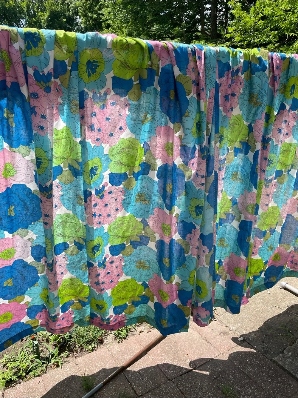 Pair Penney’s Penn Prest 70s Floral Window Curtains Panel in Blue, Green & Pink